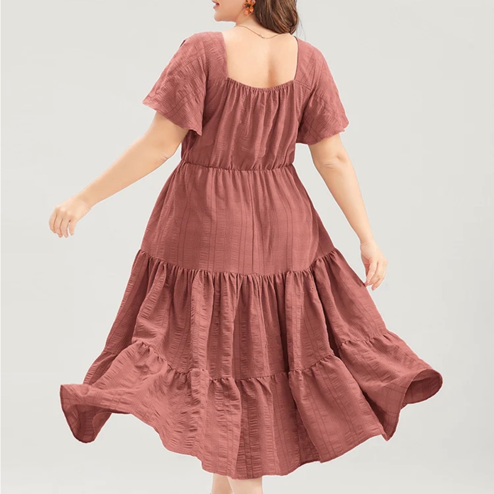 Plain Ruched Drawstring Pocket Ruffle Tiered Dress - Picture 2 of 7